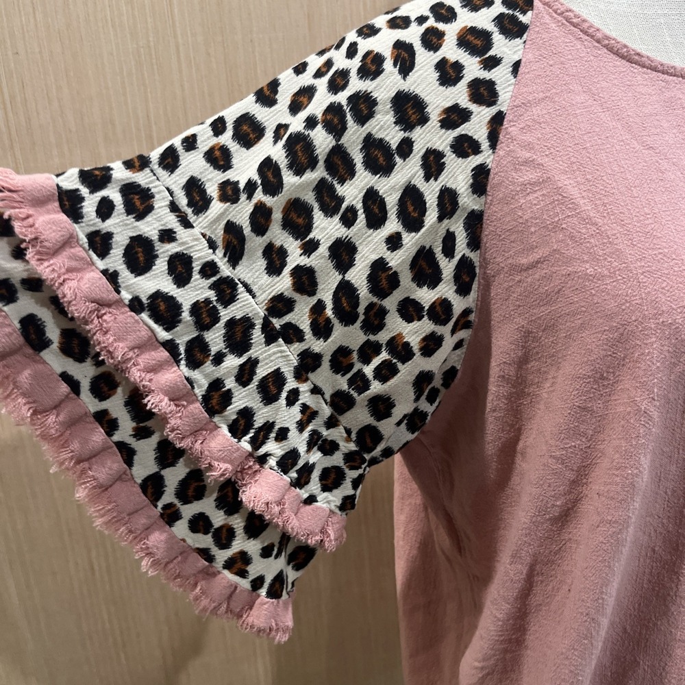 Umgee Blouse Womens Large Pink Leopard Ruffle Short Sleeve Boho Tunic Top Shirt - Picture 4 of 8